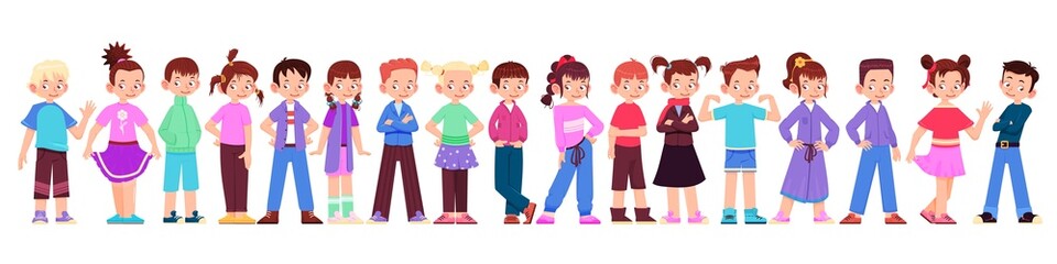 Happy children - boys and girls in different poses, cartoon style