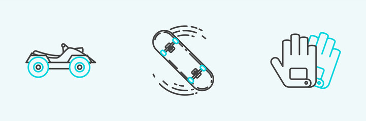 Set line Gloves, All Terrain Vehicle or ATV motorcycle and Skateboard trick icon. Vector © Oksana