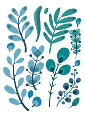 Hand Drawing Vector Abstract Blue Green Leaves Set. Botanical collection.  Use for print, design, stickers