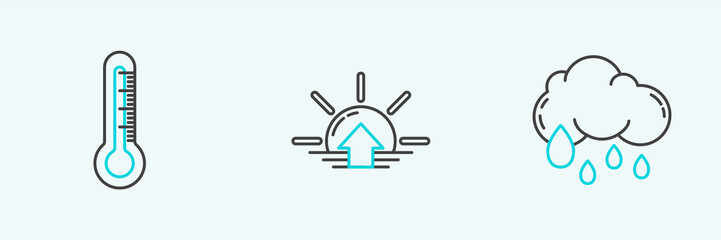 Set line Cloud with rain, Thermometer and Sunrise icon. Vector