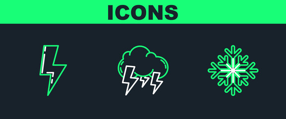 Set line Snowflake, Lightning bolt and Storm icon. Vector