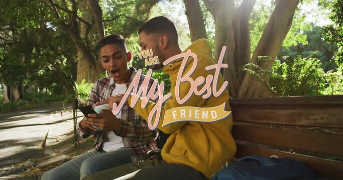 Animation of my best friend text over happy biracial male friends using smartphone