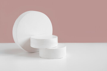Podium for cosmetic product presentation. Abstract minimal geometrical form. Cylinder stone sphere two forms, shadow. Trendy Scene. Front view. 3D