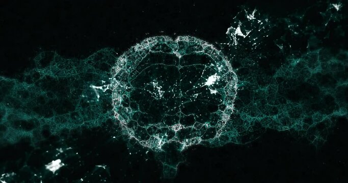 Human brain spinning against green digital waves on black background