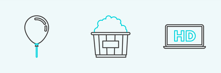 Set line Laptop screen with HD video technology, Balloon ribbon and Popcorn in cardboard box icon. Vector