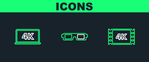 Set line 4k movie, tape, frame, Laptop screen with video technology and 3D cinema glasses icon. Vector