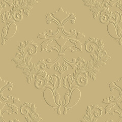 Floral Baroque Damask 3d seamless pattern. Vector embossed golden background. Repeat emboss flowers backdrop. Surface relief ornament in Baroque style. Modern textured design with embossing effect