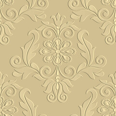 Floral Baroque Damask 3d seamless pattern. Vector embossed golden background. Repeat emboss flowers backdrop. Surface relief vintage ornament in Baroque style. Textured design with embossing effect