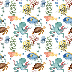Marine seamless pattern with octopus, turtle and fish