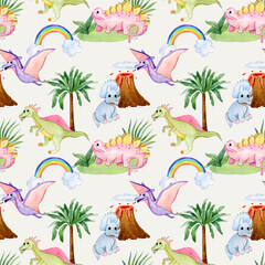 Seamless pattern with cute dinosaurs