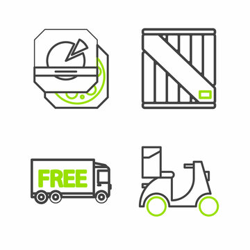 Set line Scooter delivery, Free service, Wooden box and Pizza in cardboard icon. Vector