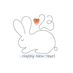 Cute rabbit on a white background. Symbol of the new year 2023. Thin line style. Minimal design. Happy new year postcard. Vector illustration.