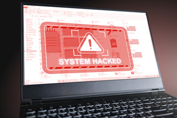 The computer screen shows a warning and red letters after the system and data have been stolen by hackers to steal the information is a cybercriminal. Information security ISO 27002 concept.