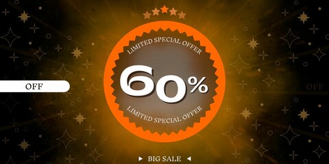 60% off limited special offer. Banner with sixty percent discount on a black and orange background with orange circle