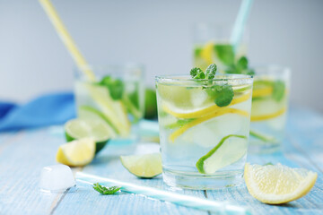 Glasses with lemon and lime lemonade	