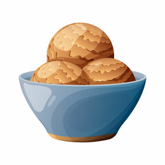 Ice cream scoops in a bowl. Vector illustration of caramel chocolate sweets on isolated transparent background for banner, poster, summer sticker