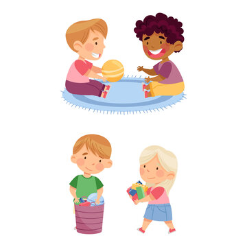 Children Putting Away Toys And Playing Ball. Education And Development Concept Cartoon Vector Illustration