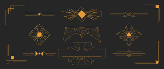 Collection of geometric art deco ornament. Luxury golden decorative elements with lines, ornate corner, borders, frames, headers, dividers. Set of elegant design suitable for card, invitation, poster. © TWINS DESIGN STUDIO