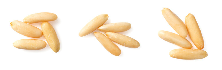 Shelled European pine nuts isolated on white background, top view.