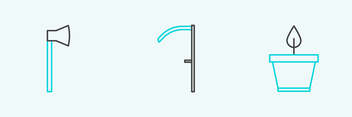 Set line Plant in pot, Wooden axe and Scythe icon. Vector