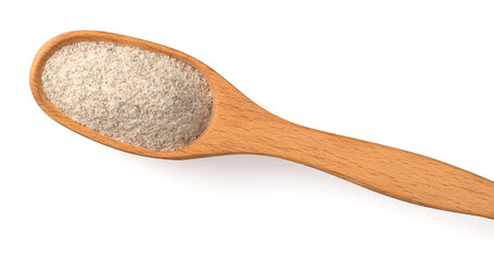 Raw rye flour in the wooden spoon, isolated on white background, top view