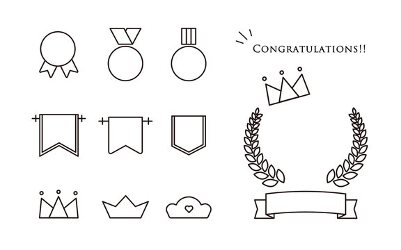 メダル・王冠・月桂樹などのアイコンセット＿モノクロライン