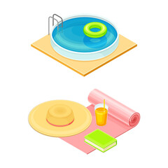 Summer vacation objects set. Swimming pool, straw hat and glass of juice isometric vector illustration