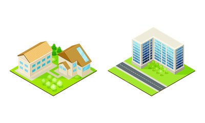 Residential and public buildings set. Suburban and urban houses exterior vector illustration
