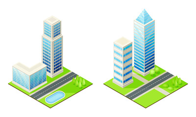 Skyscrapers modern city houses. Exterior of city buildings isometric vector illustration