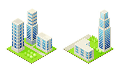 Skyscrapers modern city houses. Exterior of urban buildings isometric vector illustration