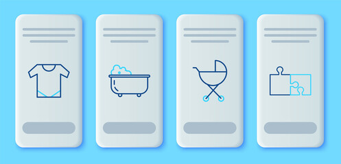 Set line Baby bathtub, stroller, onesie and Piece of puzzle icon. Vector