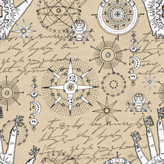 Seamless pattern with fantasy mystic symbols, hand writing letters and celestial signs of sun and moon. Esoteric, occult and gothic concept, no foreign language.