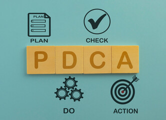 PDCA acronym or plan do check action cycle process improvement concept.,PDCA word (plan do check action) word and icon on wooden cube over blue pastel background.