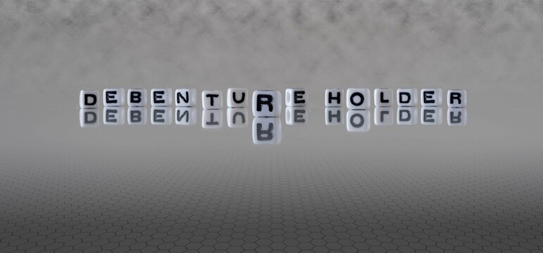 debenture holder word or concept represented by black and white letter cubes on a grey horizon background stretching to infinity