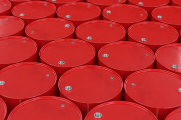 Lots of red metal barrels, 3d render