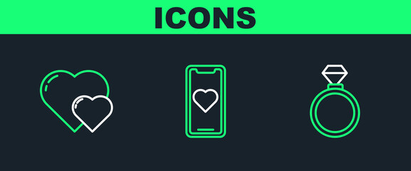 Set line Wedding rings, Heart and Mobile phone with heart icon. Vector