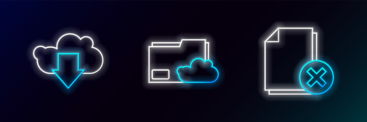 Set line Delete file document, Cloud download and storage text folder icon. Glowing neon. Vector