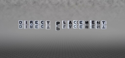 direct placement word or concept represented by black and white letter cubes on a grey horizon background stretching to infinity