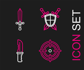 Set line Target sport, Military knife, Medieval shield with crossed swords and icon. Vector