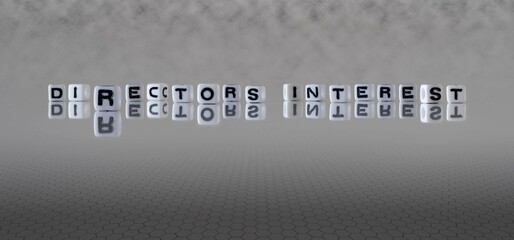 directors interest word or concept represented by black and white letter cubes on a grey horizon background stretching to infinity