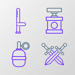 Set line Crossed medieval sword, Hand grenade, Handle detonator for dynamite and Police rubber baton icon. Vector