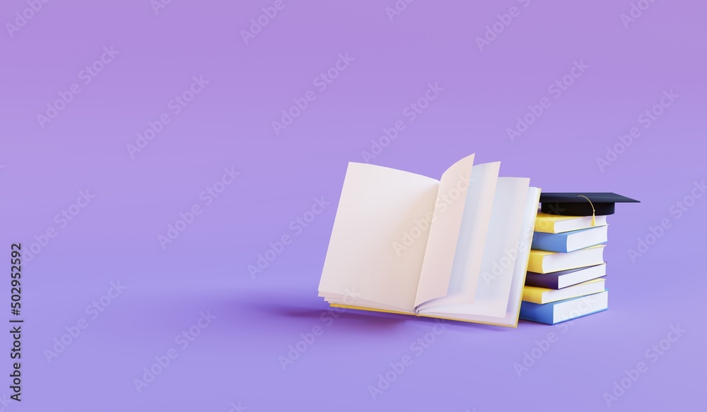Wall mural Stack of books, open book and graduation cap on purple background. Online education and degree concept. 3d render - Wall murals
