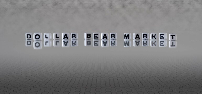 dollar bear market word or concept represented by black and white letter cubes on a grey horizon background stretching to infinity
