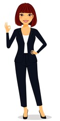Young smiling woman showing ok gesture. Character. Emotions of a young woman. Flat style. Cartoon