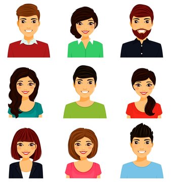 A set of avatars of girls and guys. Male and female faces. Male and female portraits. Collection of characters. Flat style. Cartoon.