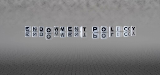 endowment policy word or concept represented by black and white letter cubes on a grey horizon...