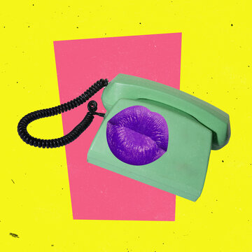 Contemporary art collage. Abstract bright image of retro phone with purple lips on it isolated over yellow background
