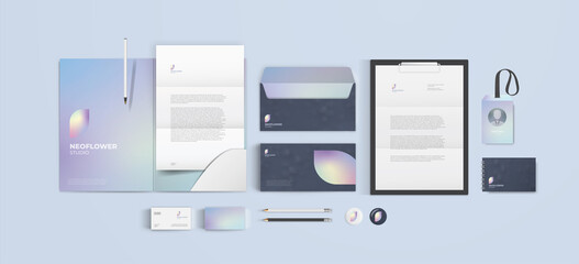 Vector corporate branding design template with abstract smooth gradient logo and colorful background. Minimalistic style for modern company identity. - obrazy, fototapety, plakaty