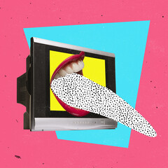 Contemporary art collage. Female mouth with giant tongue out sticking out retro TV set isolated over pink background. Information and news