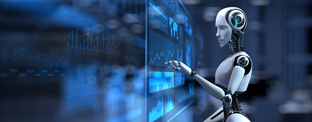 Cyborg Robot 3d render. Robotic process automation RPA data analysis.